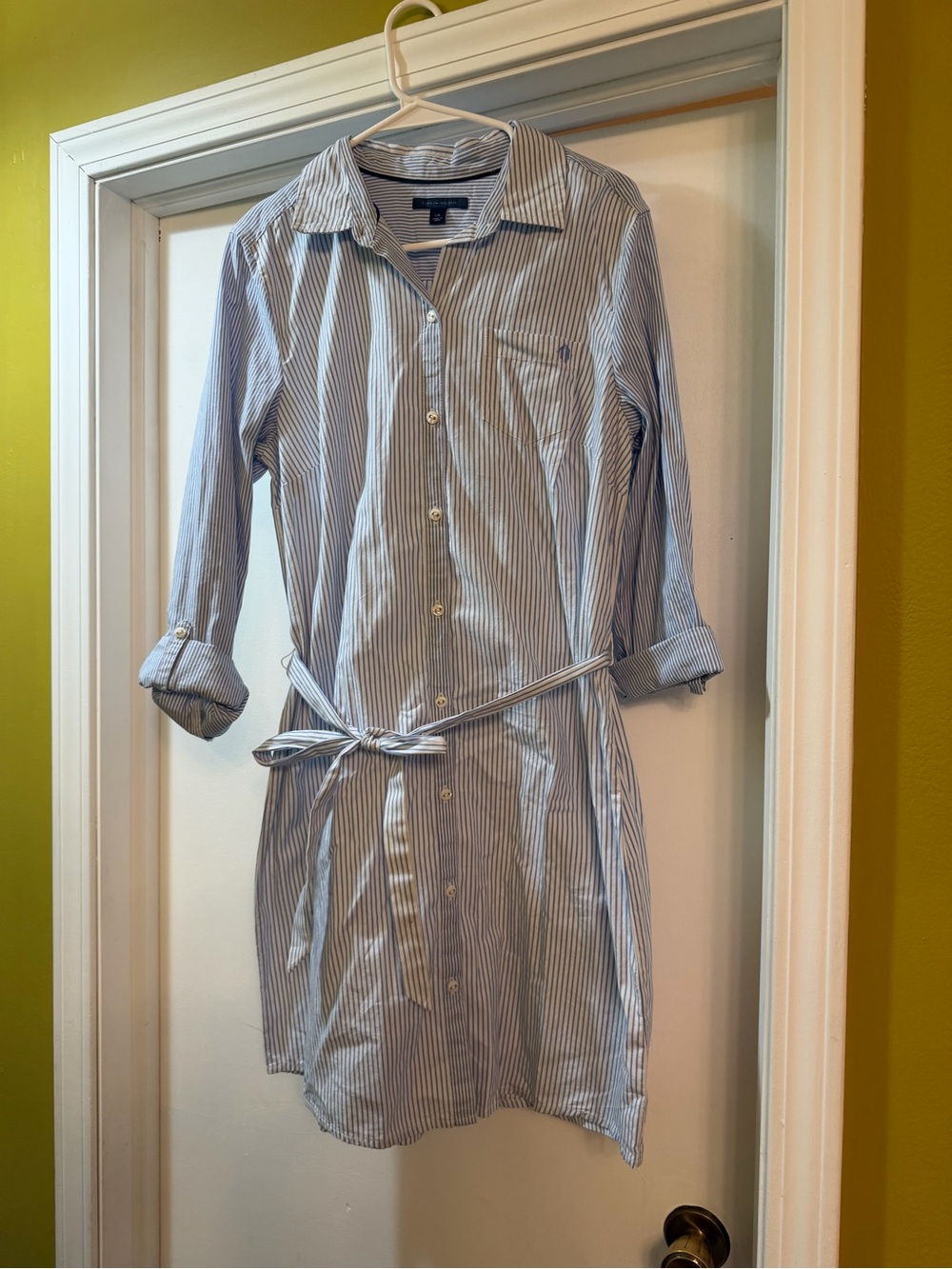 Tommy Hilfiger Blue and White Striped Midi Shirt Dress with Self Tie